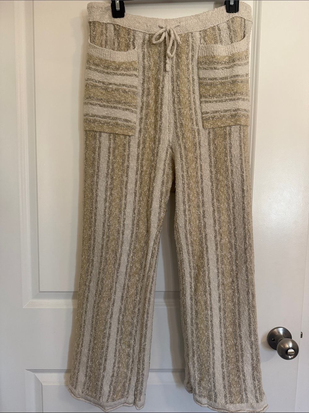 Free People Beach Terry Cloth Cozy Striped Lounge Pants - Cream & Tan